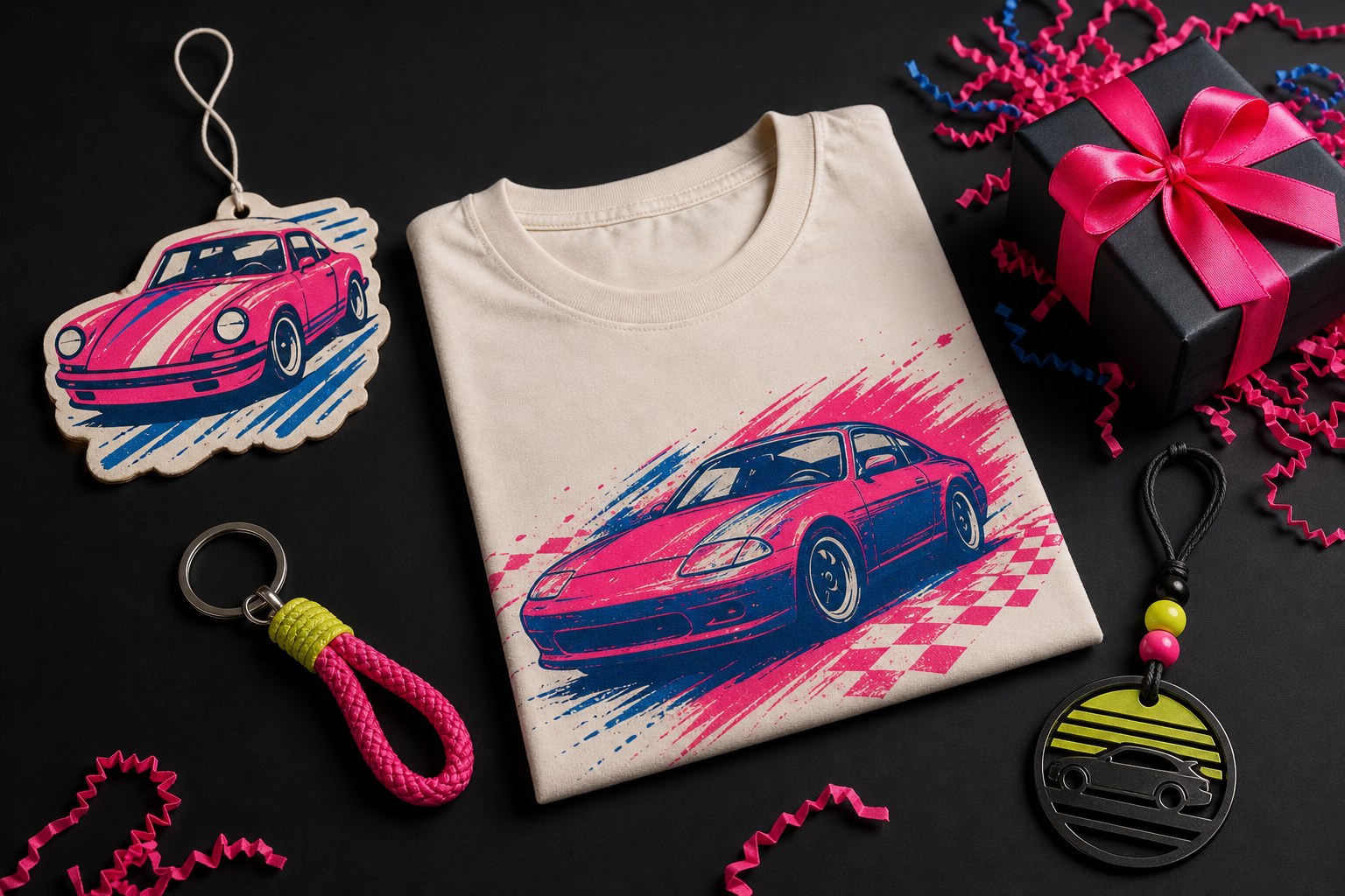 Colorful car-themed gifts including a car freshener, shirt, keychain and wrapped box