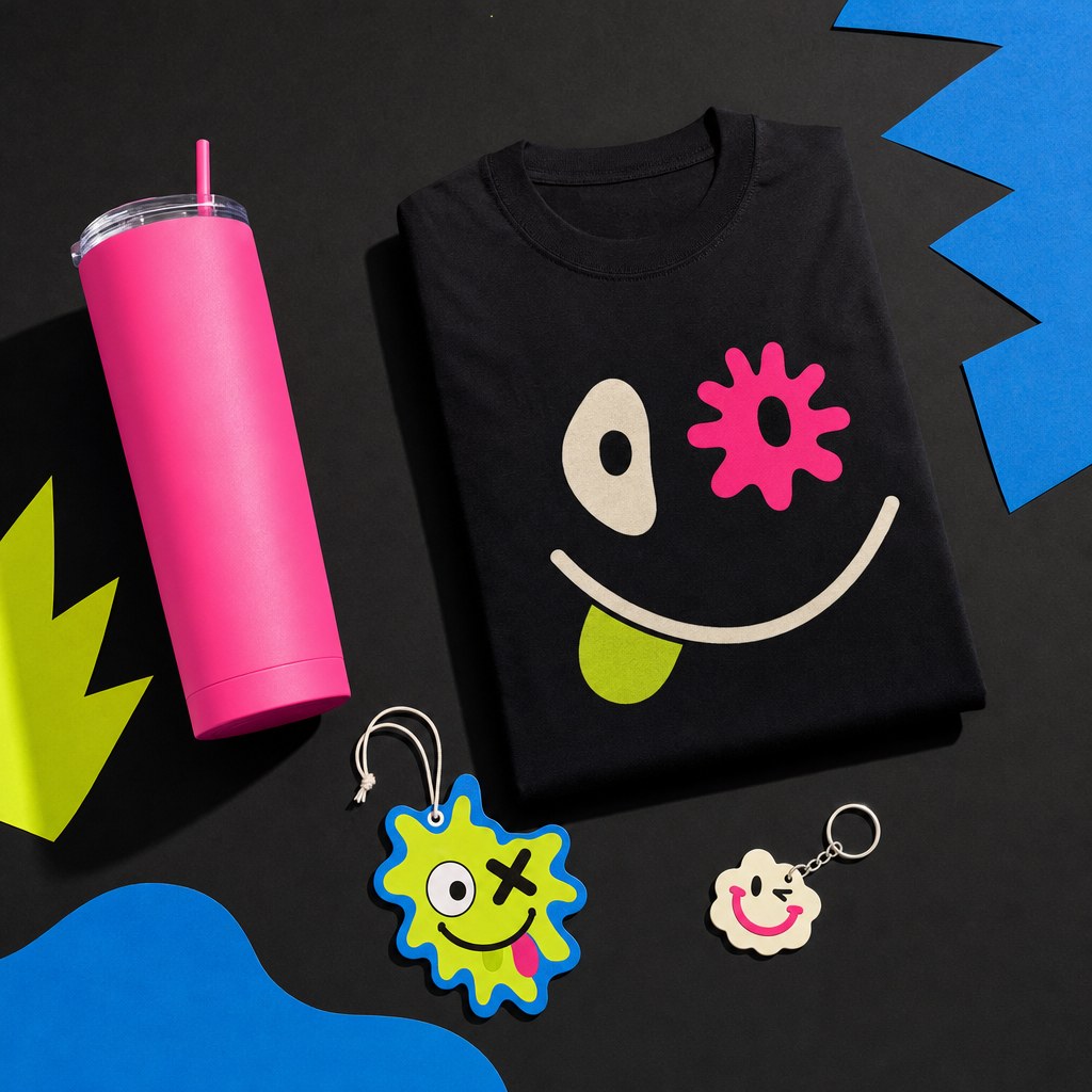 Colorful funny personalized gift ideas including a tumbler, shirt, car freshener and keychain