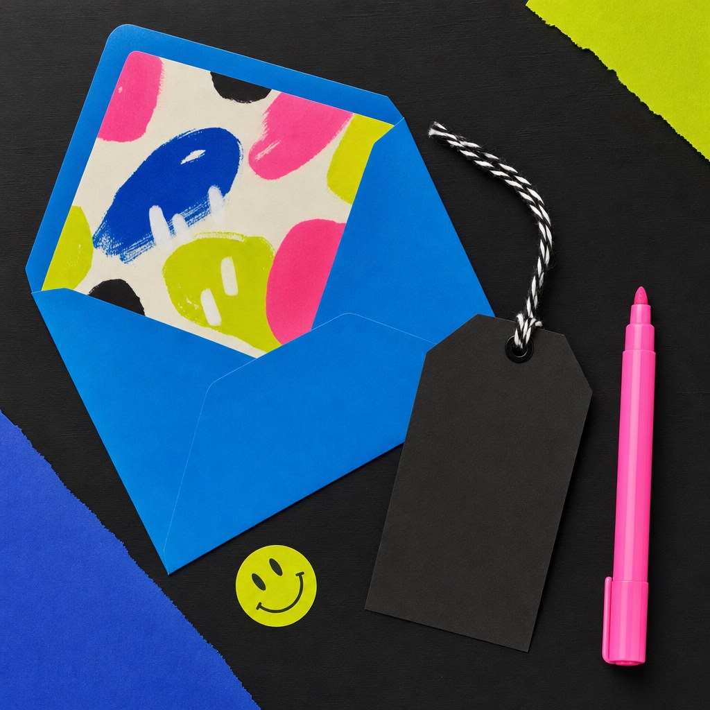 A blank gift tag, colorful envelope and pink marker ready for a personal inside joke