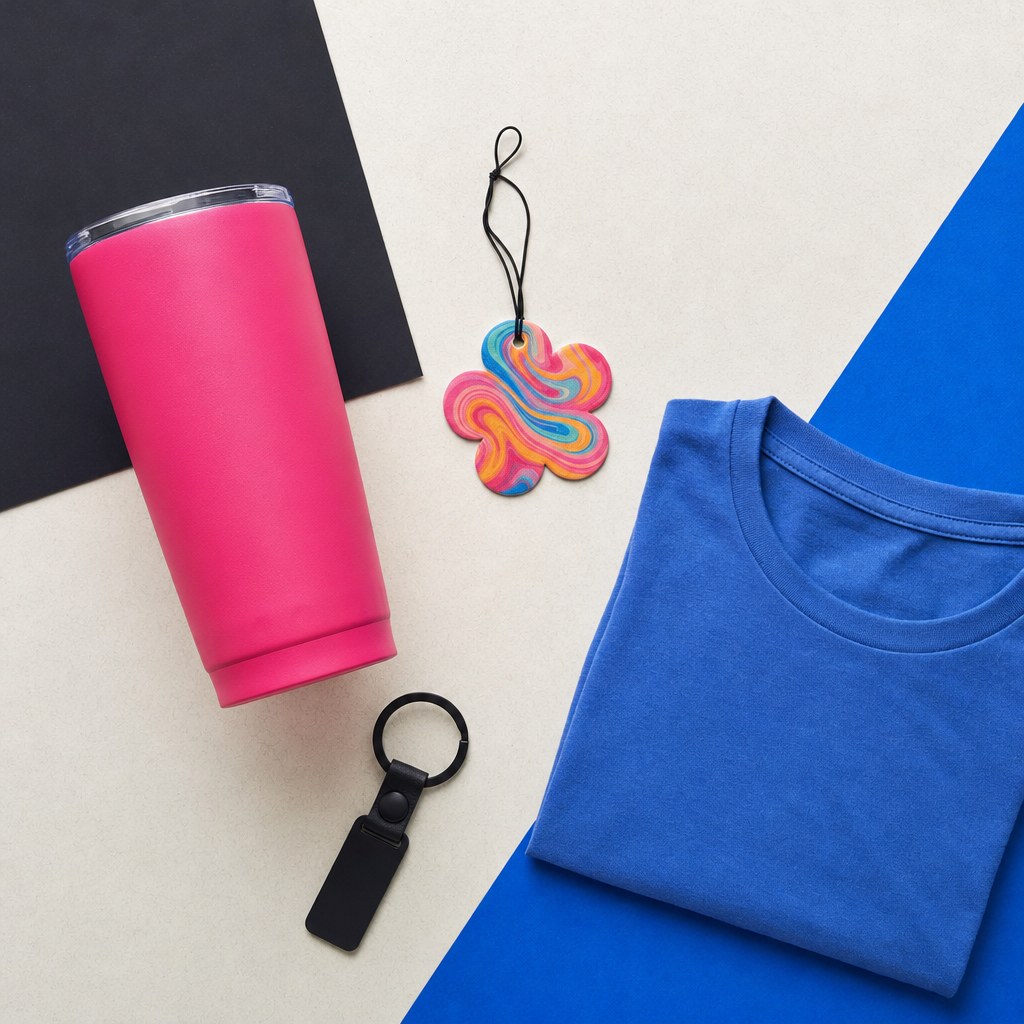 A pink tumbler, colorful car freshener, blue shirt and keychain styled as useful gift ideas