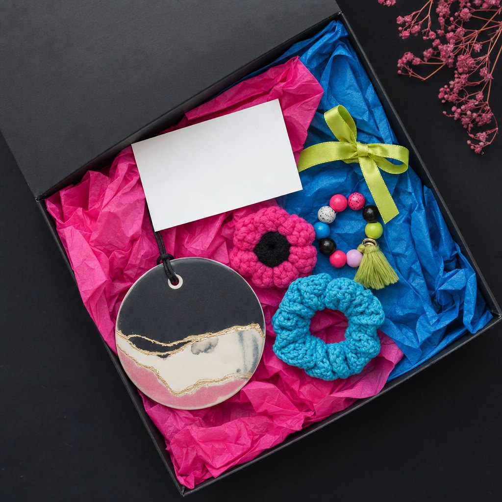 A colorful gift box with handmade accessories and a blank gift card