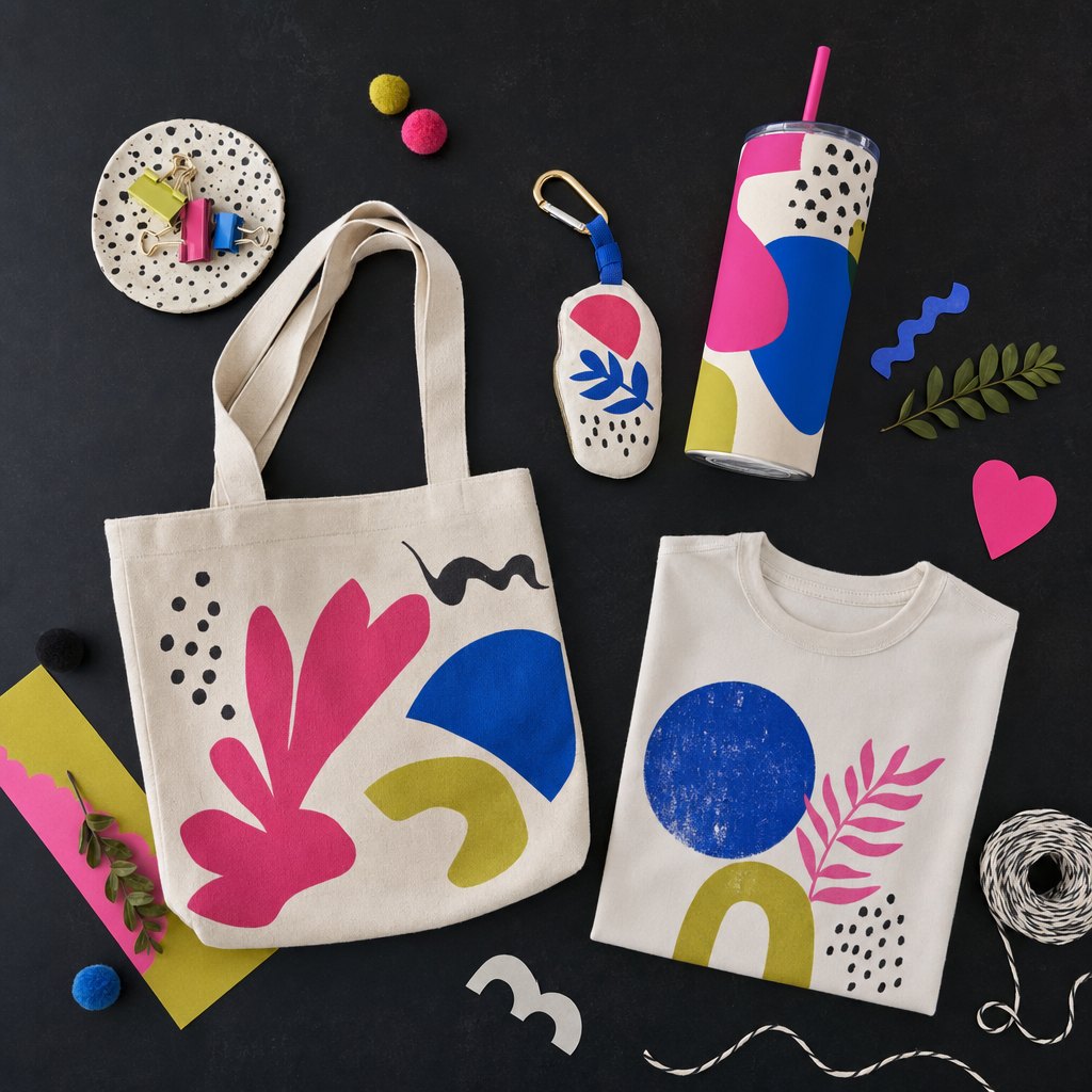 A colorful tote, tumbler, shirt and car accessory styled as personalized gifts