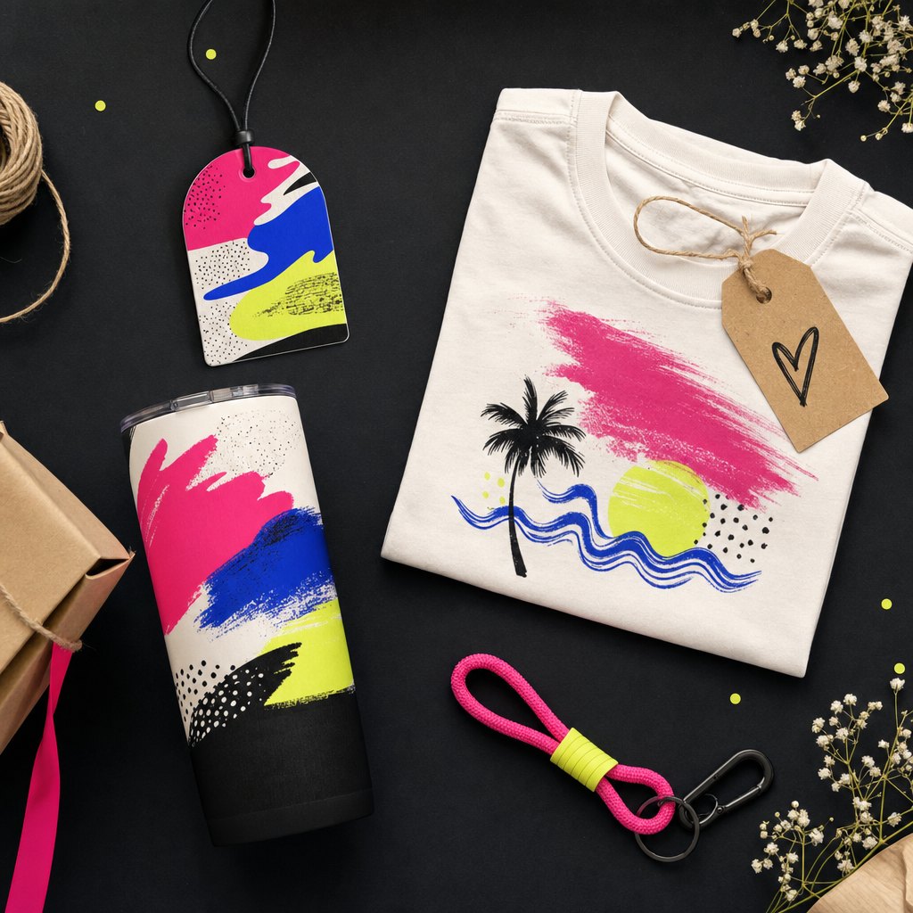 A colorful custom tumbler, shirt, car freshener and keychain arranged as gift ideas