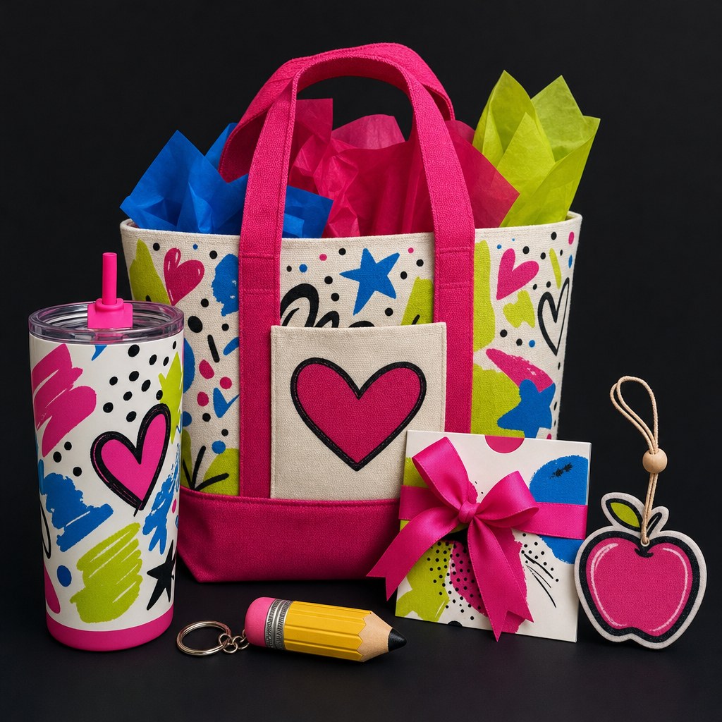 Bright handmade teacher gift bundle with tote, tumbler, gift card holder and apple freshener