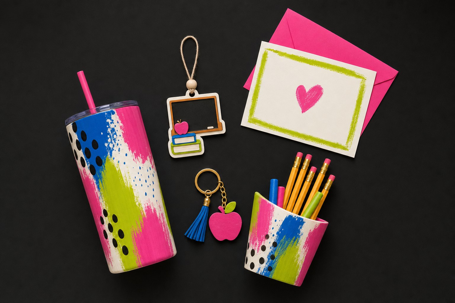 Colorful handmade teacher gift set with tumbler, classroom freshener, pencils and thank-you card