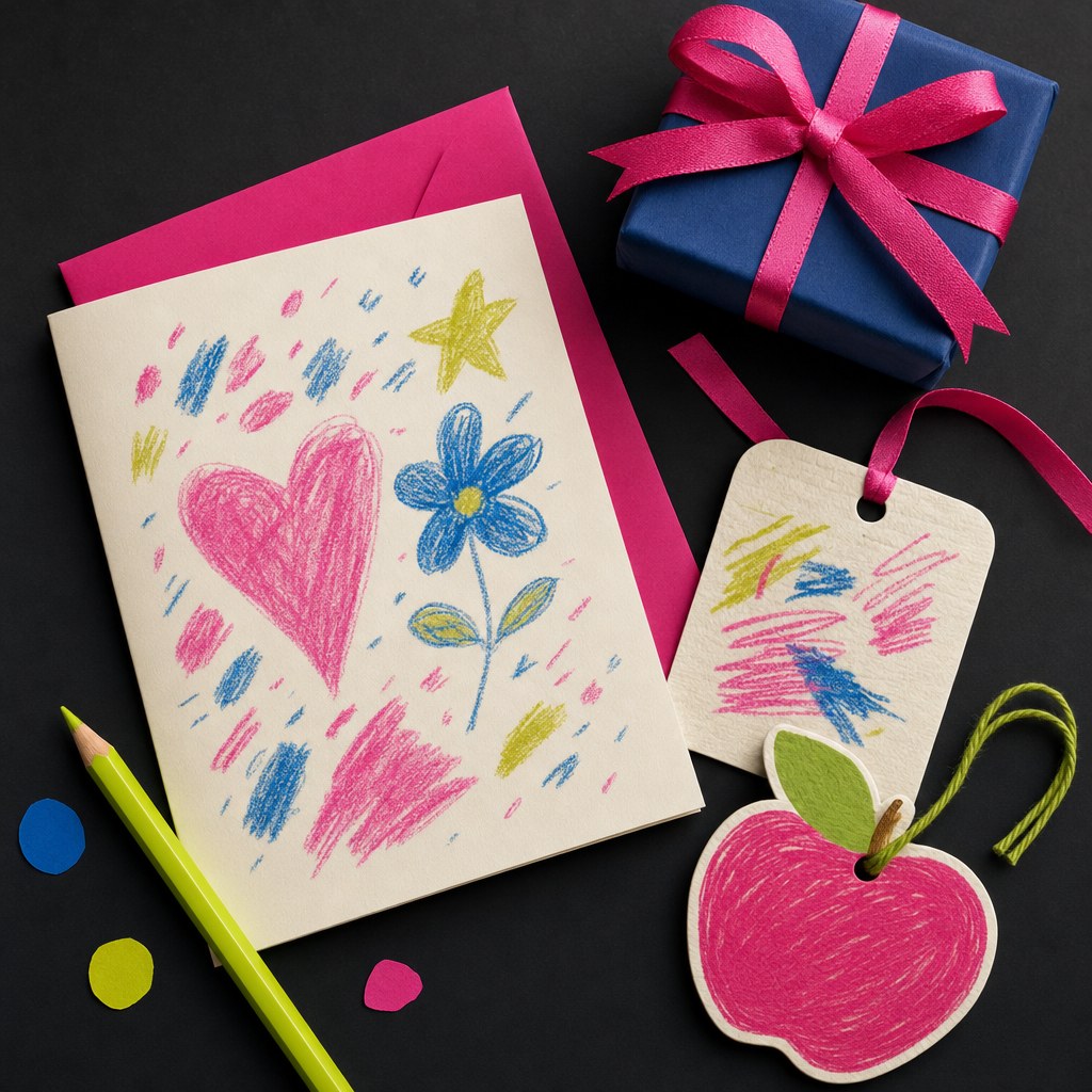 Colorful childlike thank-you card, wrapped gift and apple-shaped freshener