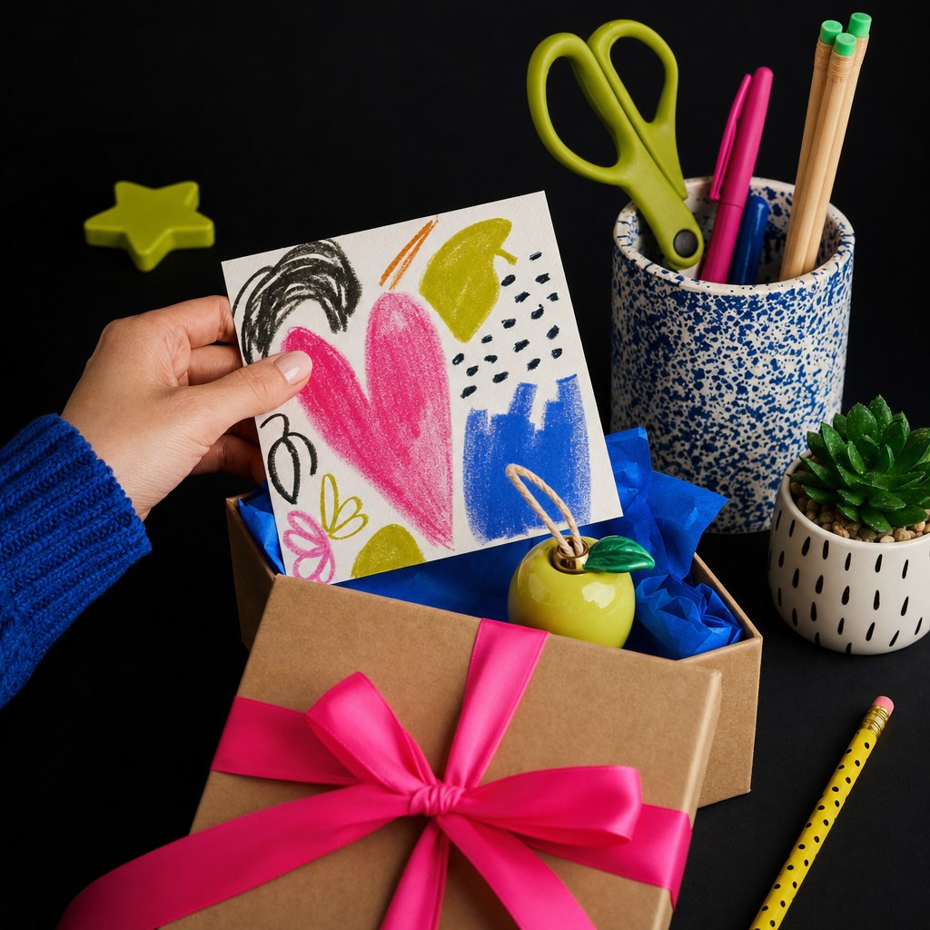 Hand holding a colorful thank-you card over a wrapped teacher gift