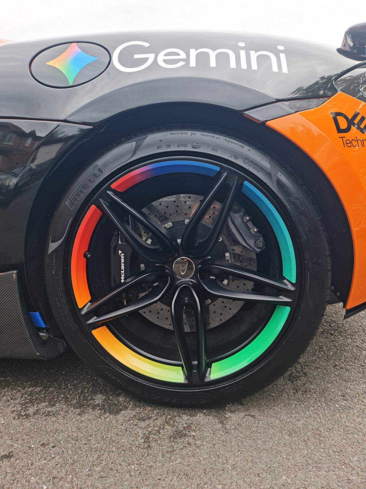 Close-up of the McLaren alloy wheel and tyre