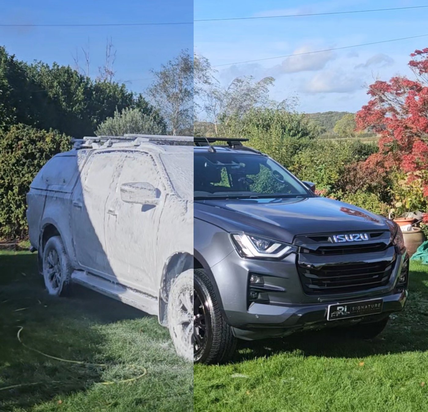 Side-by-side views of an Isuzu pickup during a foam wash and with its clean exterior finish