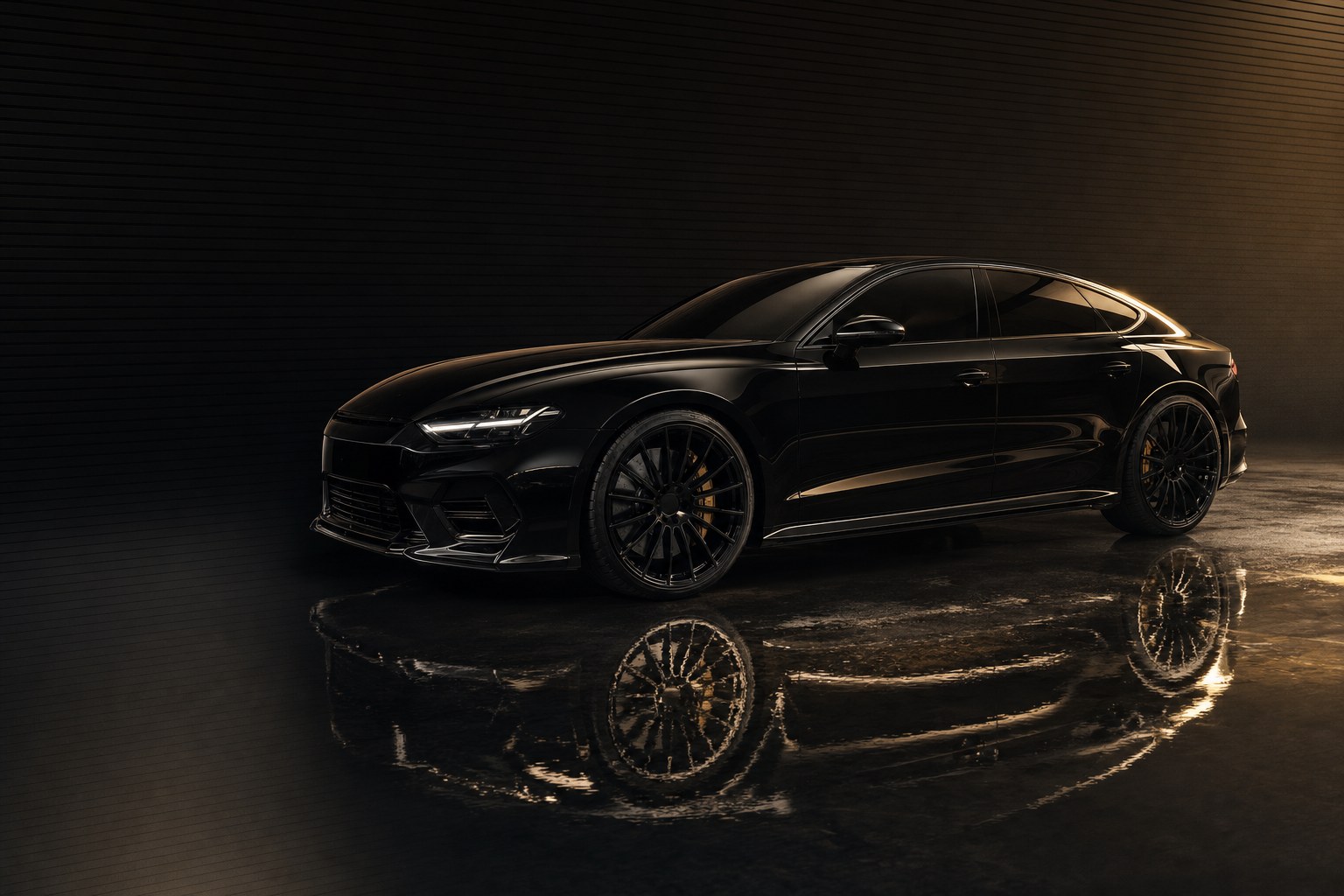 Black performance saloon under warm studio lighting