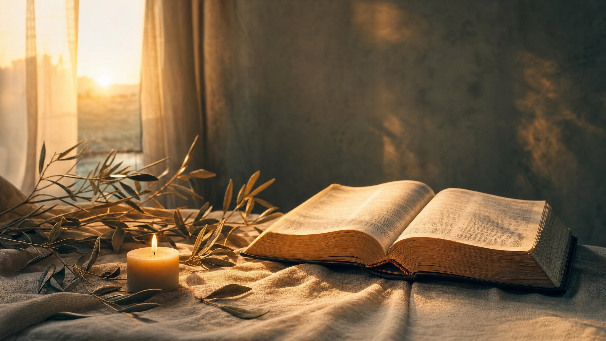 An open Bible beside a candle and olive branches in warm early morning light.