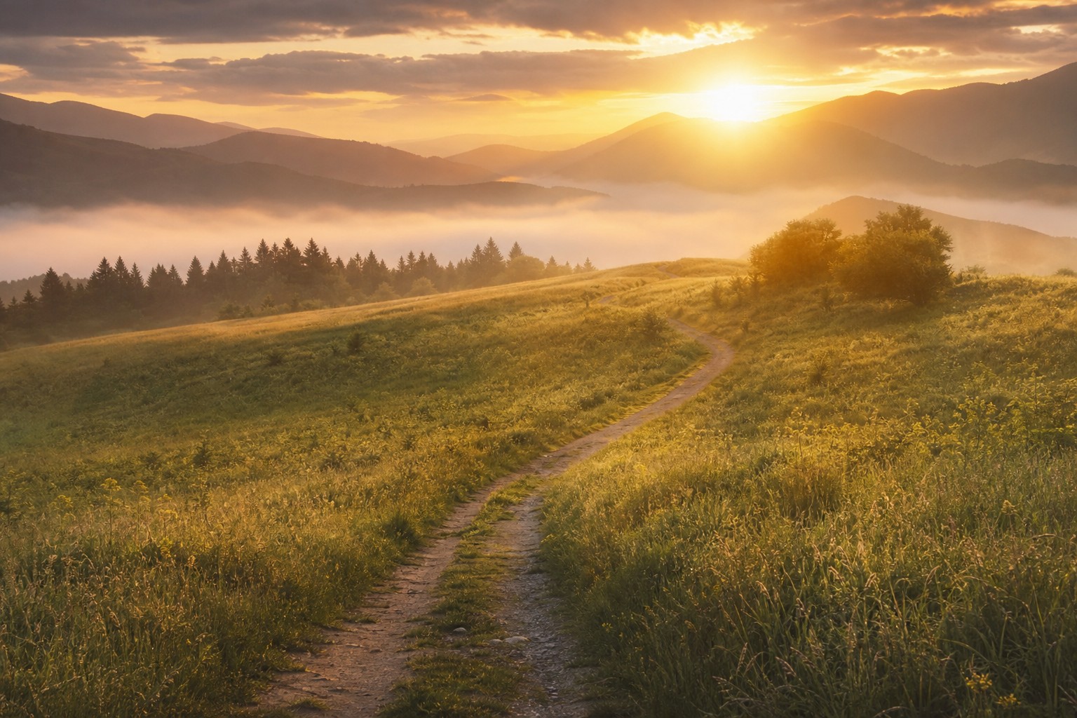 A winding meadow path in warm morning light.