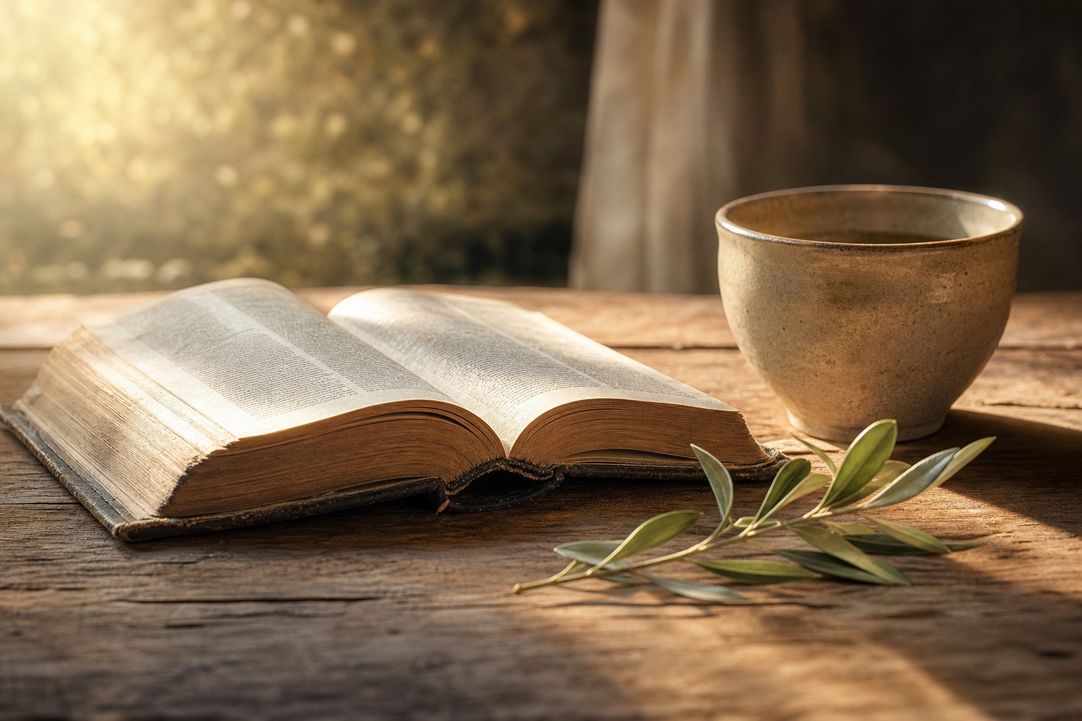 An open Bible and a ceramic cup in warm morning light.