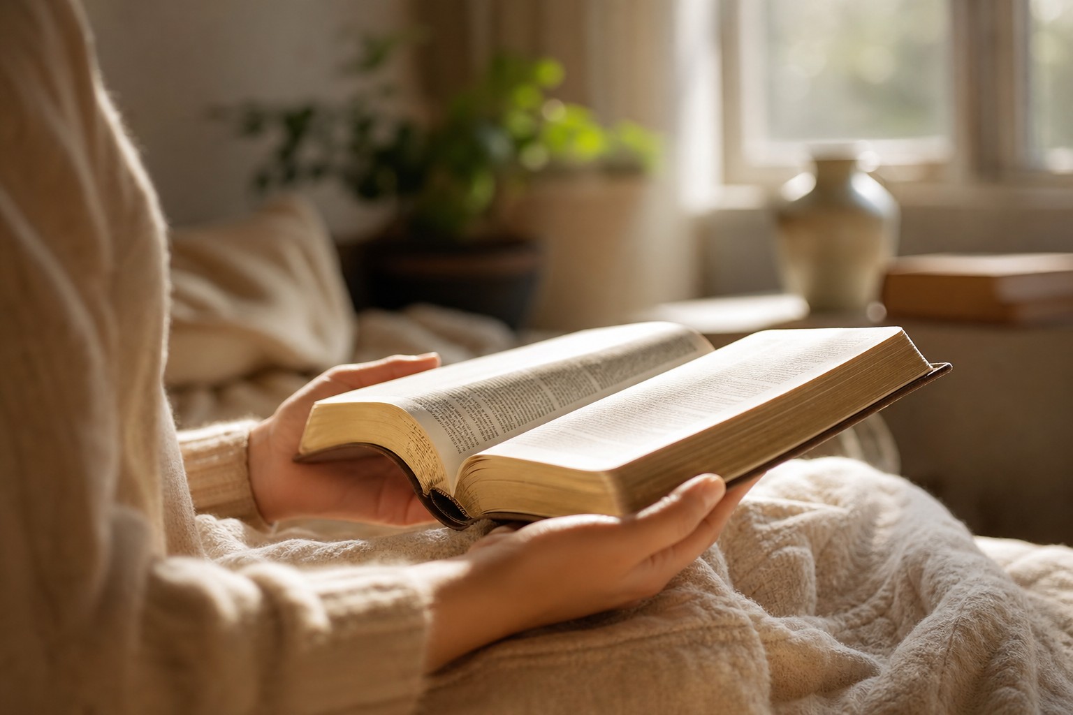 Hands holding an open Bible in a quiet sunlit room.