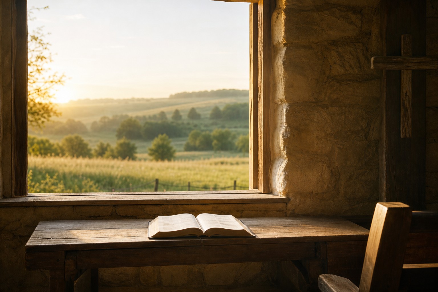 An open Bible beside a chapel window overlooking a sunlit pasture.