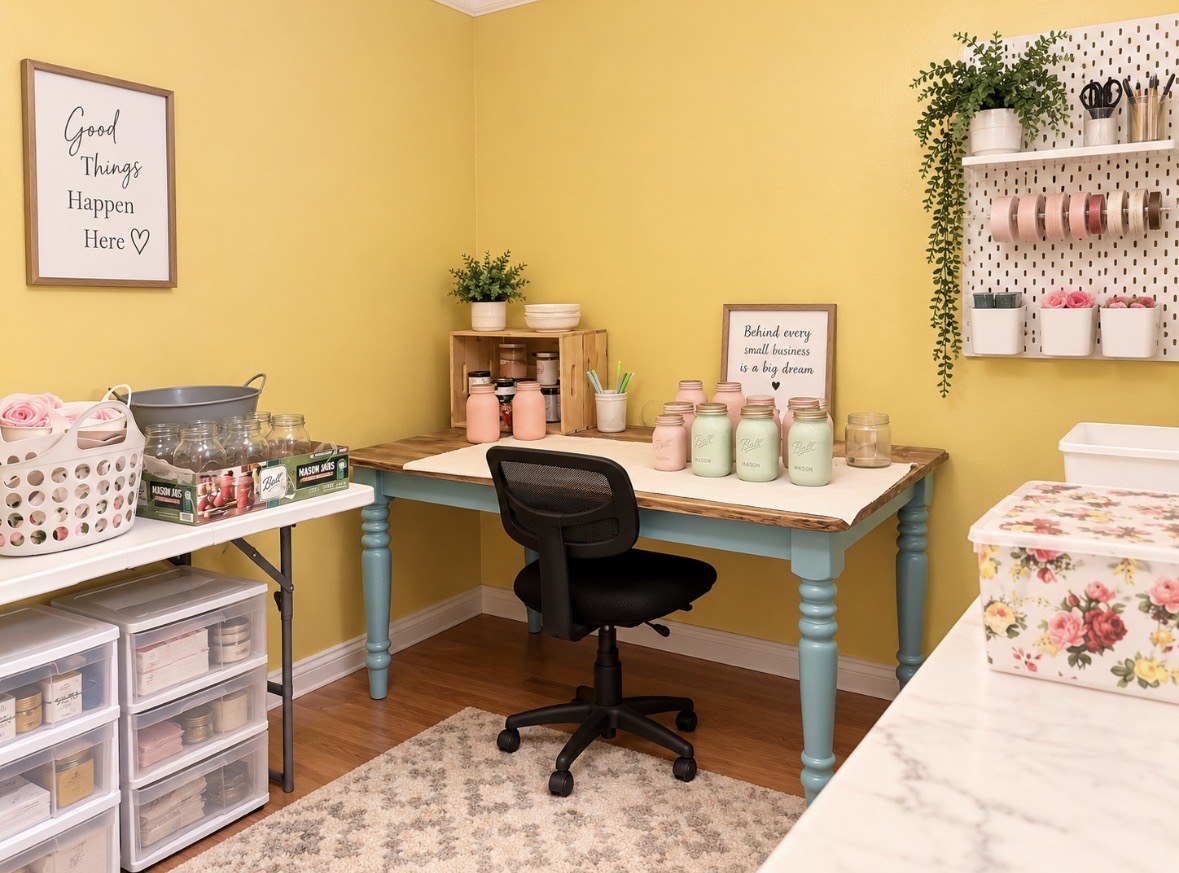 A cheerful studio workspace with painted Mason jars in progress