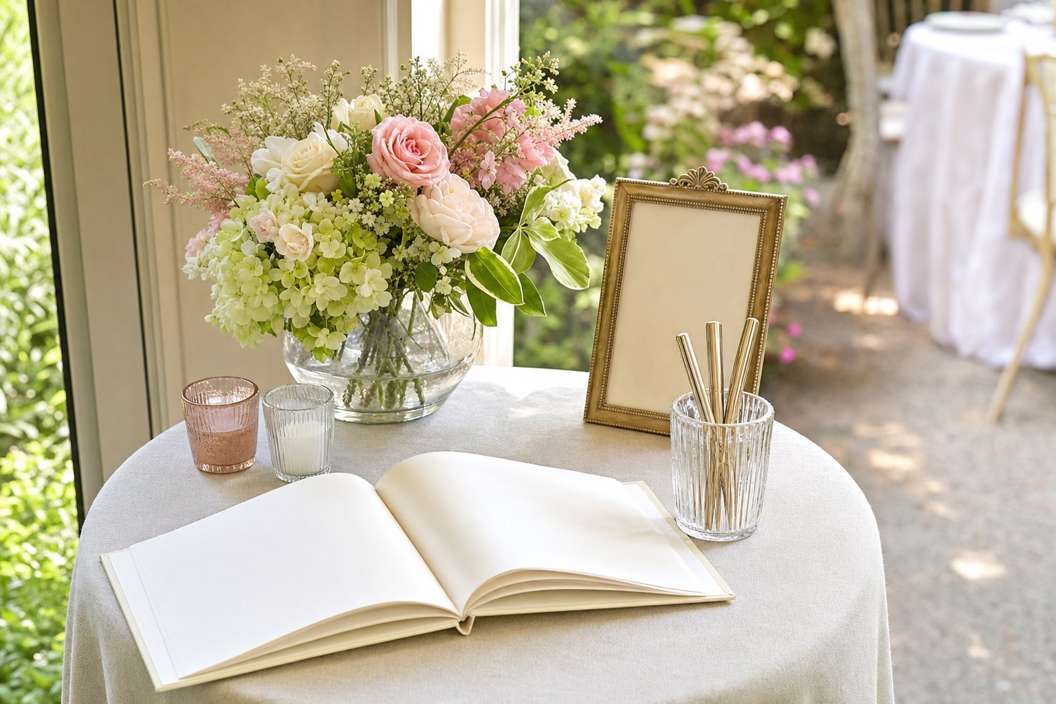 Bridal shower guest book station with flowers and pens ready for guests