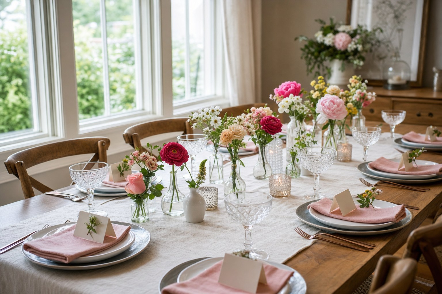 Bridal shower table set with flowers, place cards, and soft pink napkins