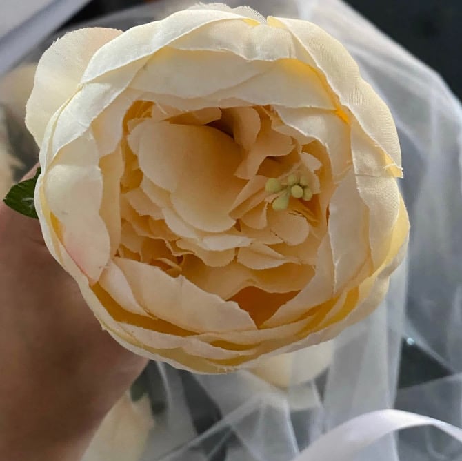 Cream flower pen photographed by a customer