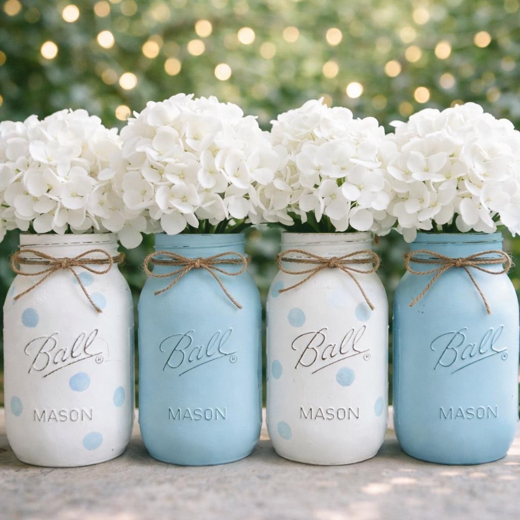 Hand-painted blue and white mason jar centerpieces filled with white hydrangeas