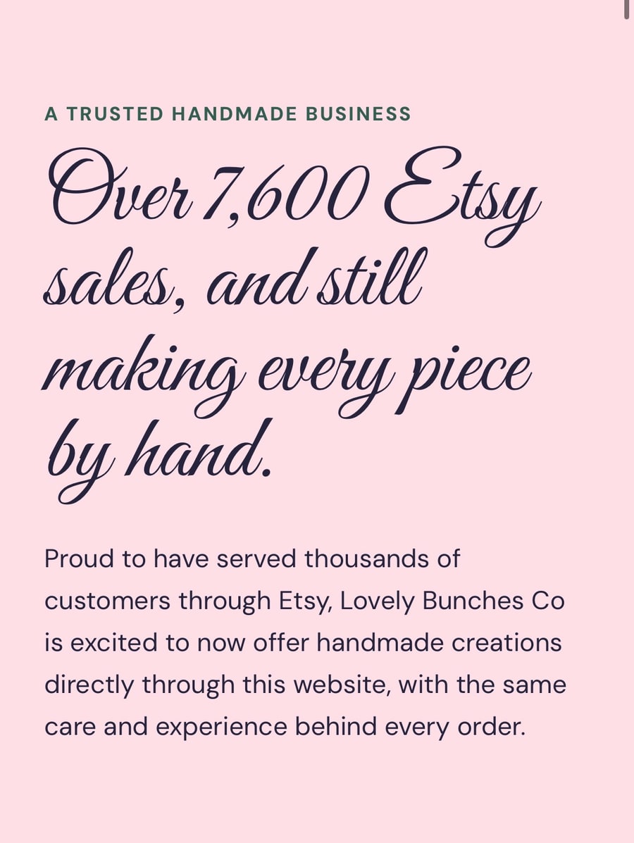 Over 7,600 Etsy sales, with every Lovely Bunches Co piece still made by hand
