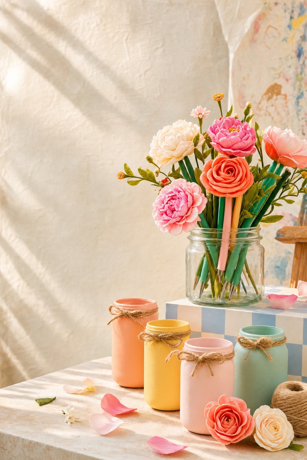 Illustrative arrangement of colorful flower pens and painted mason jars