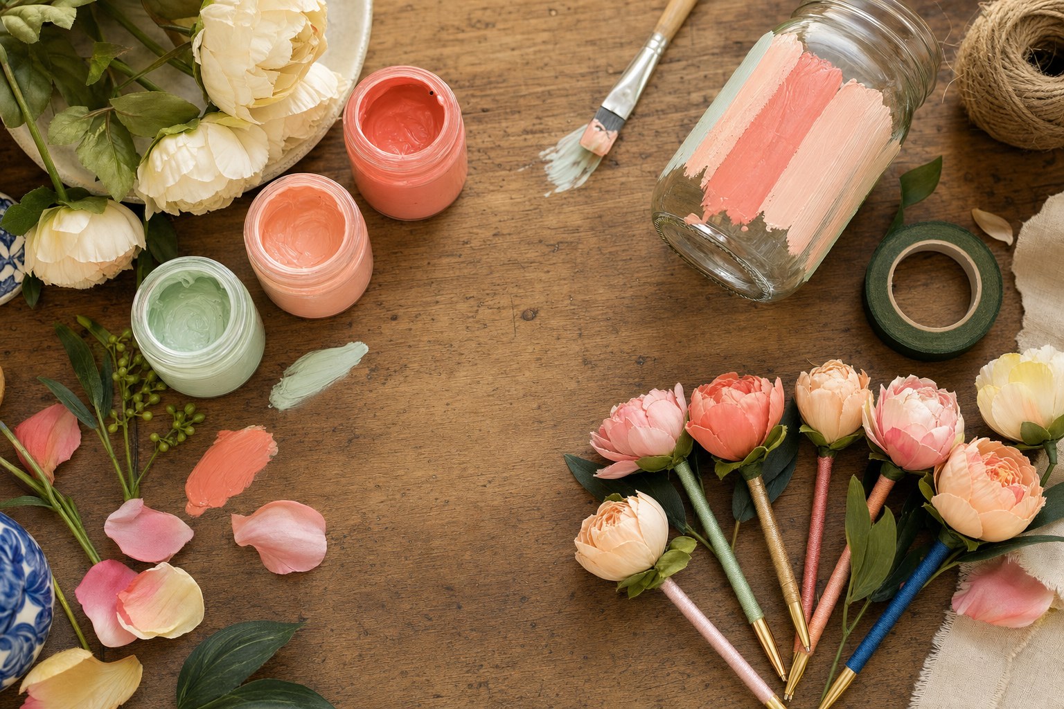 Illustrative artisan worktable with paints, floral tape and flower pens