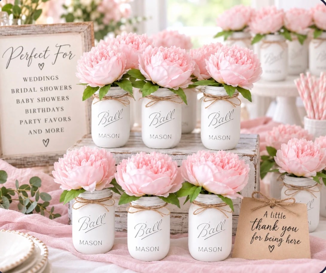White mason jars filled with light-pink peony flower pens for party favors