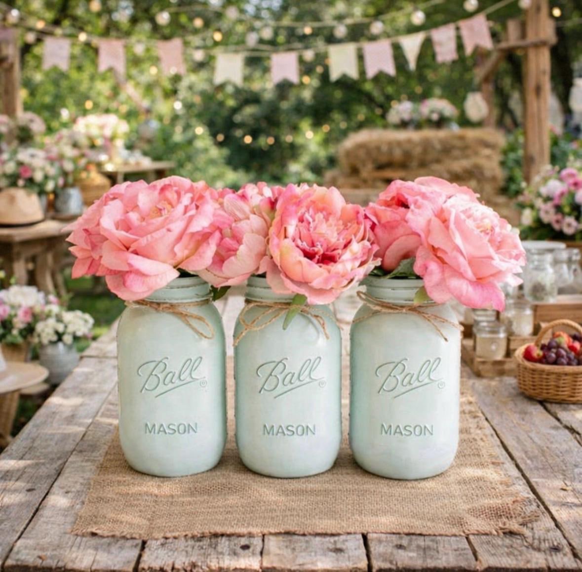 Set of three hand-painted mint green mason jar centerpieces in an outdoor celebration setting