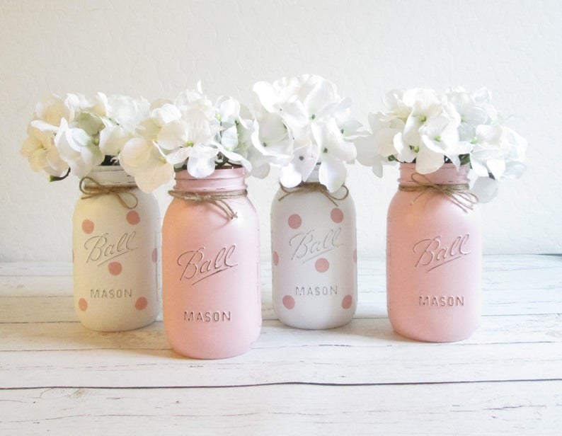 Pink and white hand-painted mason jar centerpiece set