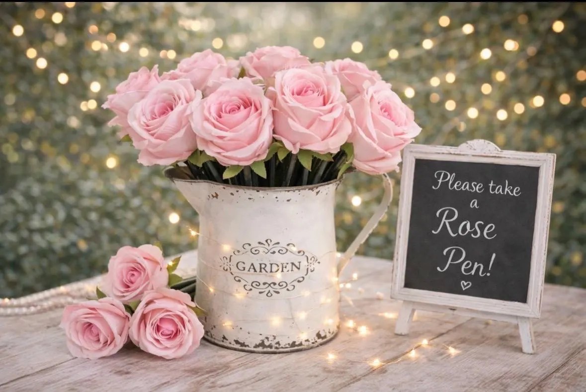 Handmade pink rose flower pens arranged in a vintage white pitcher
