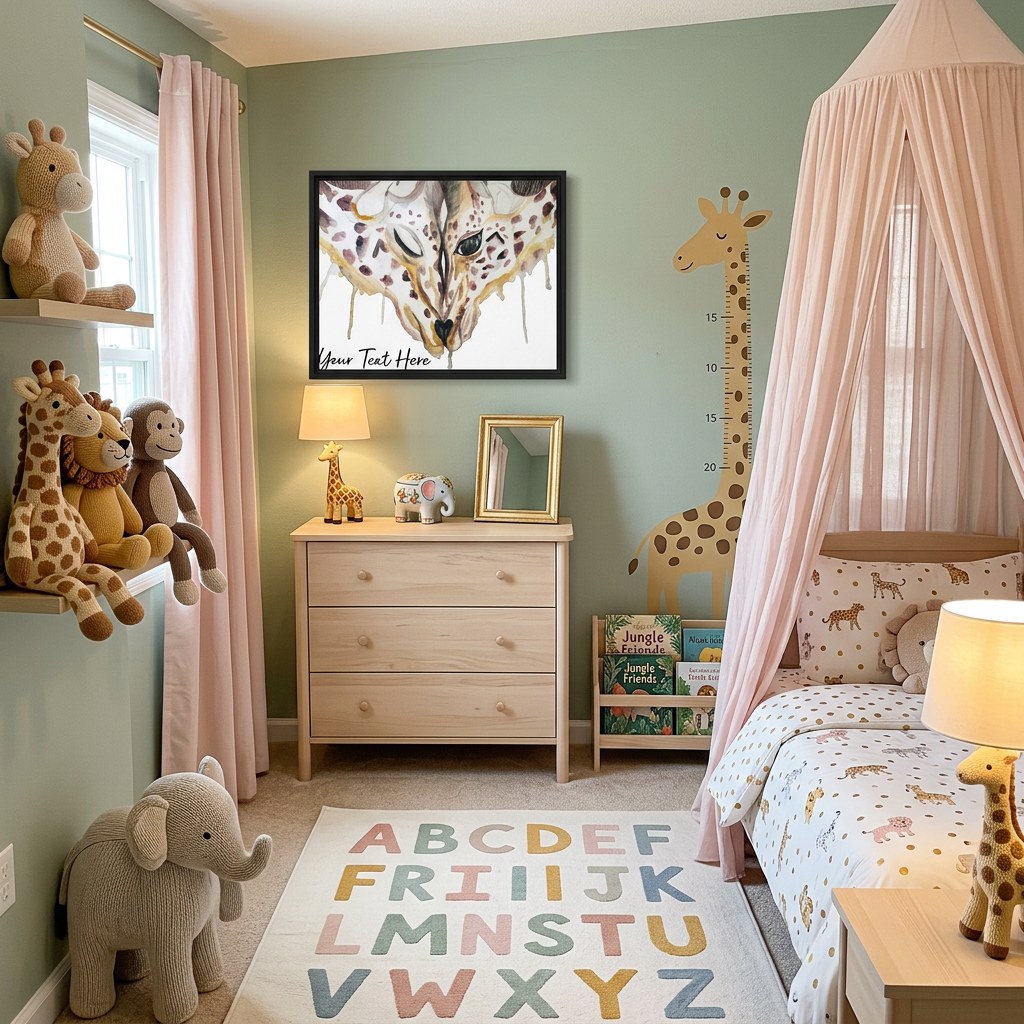 Personalized giraffe watercolor wall art in a nursery