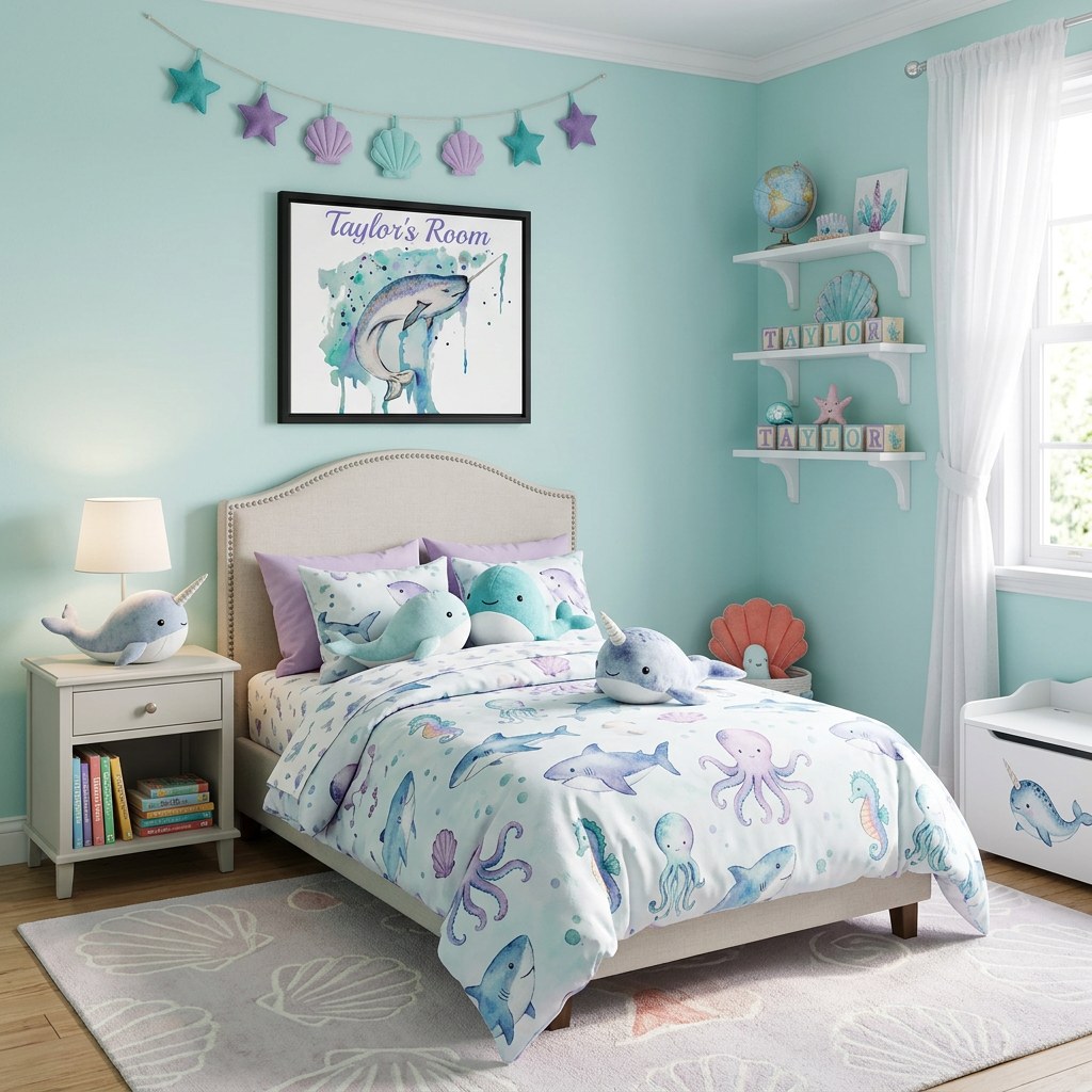 Narwhal Whale Wall Art | Personalized Ocean Framed Canvas Decor