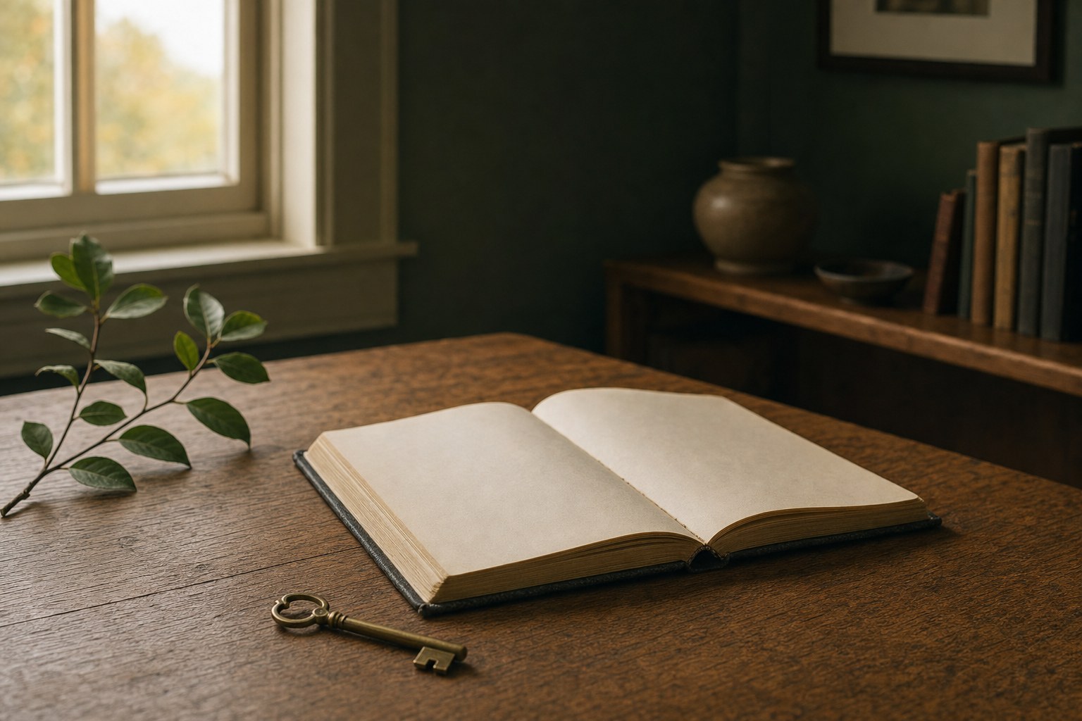 Open notebook and an old brass key on a wooden table