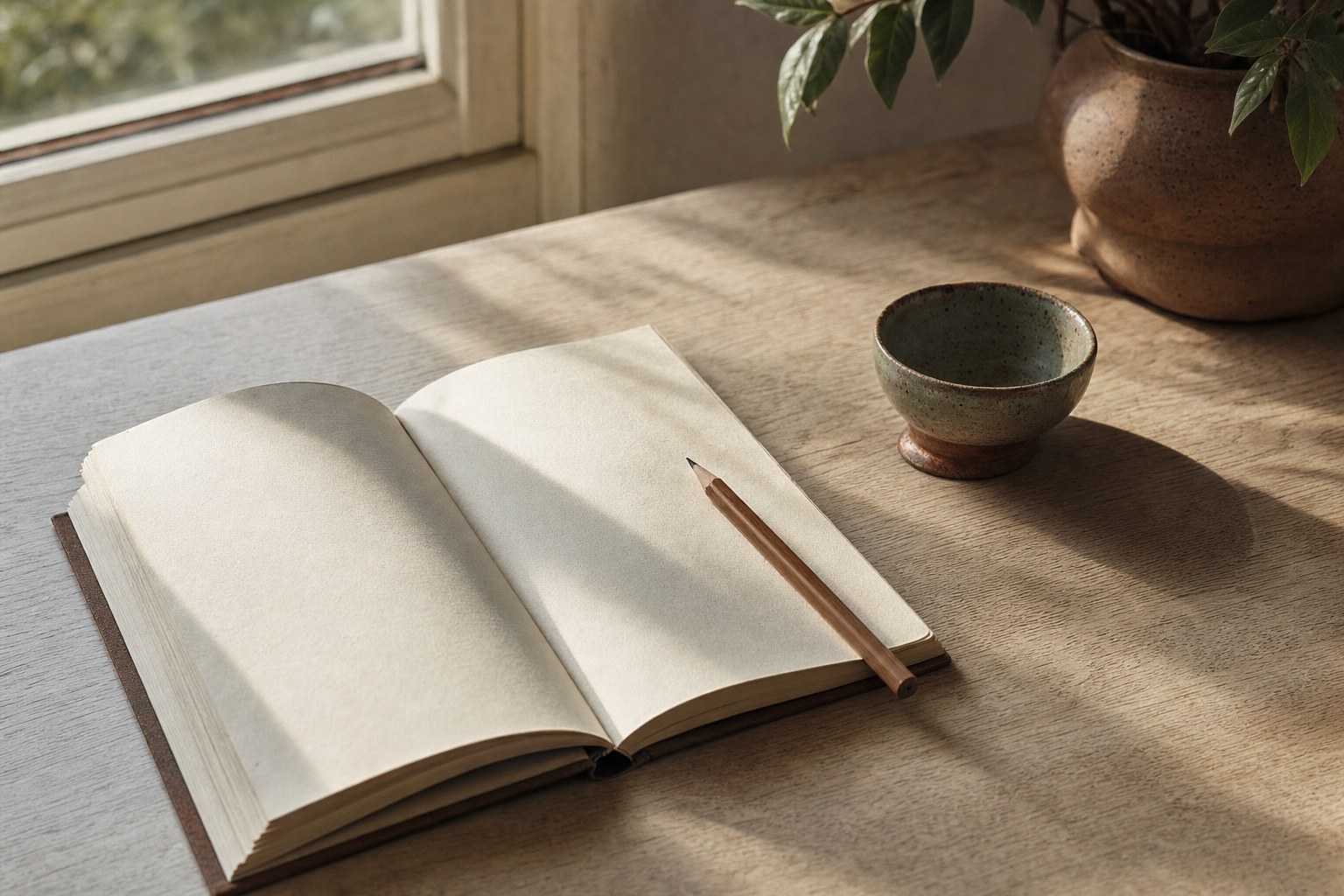 Open notebook and pencil in warm morning light