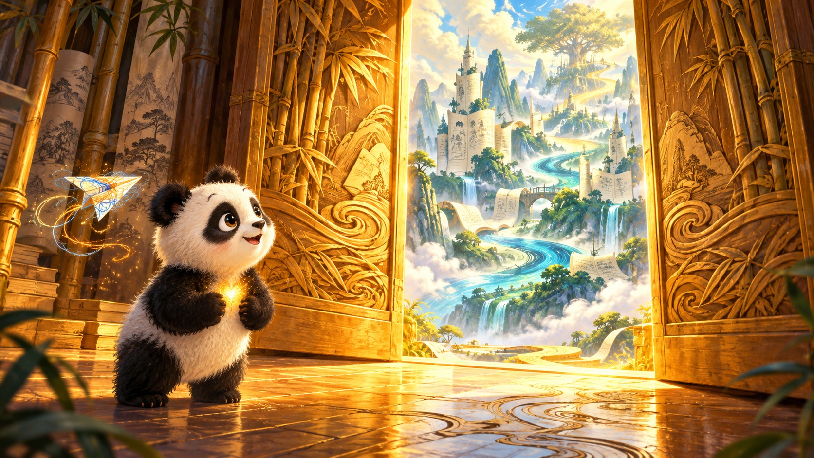 Ziggy and Scribble at the golden doors of the Citadel of Imagination, overlooking a world of rivers, scrolls, and towers