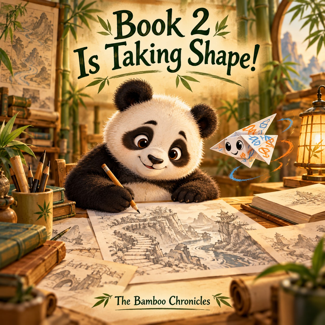 Ziggy drawing Book 2 beside Scribble in a bamboo study