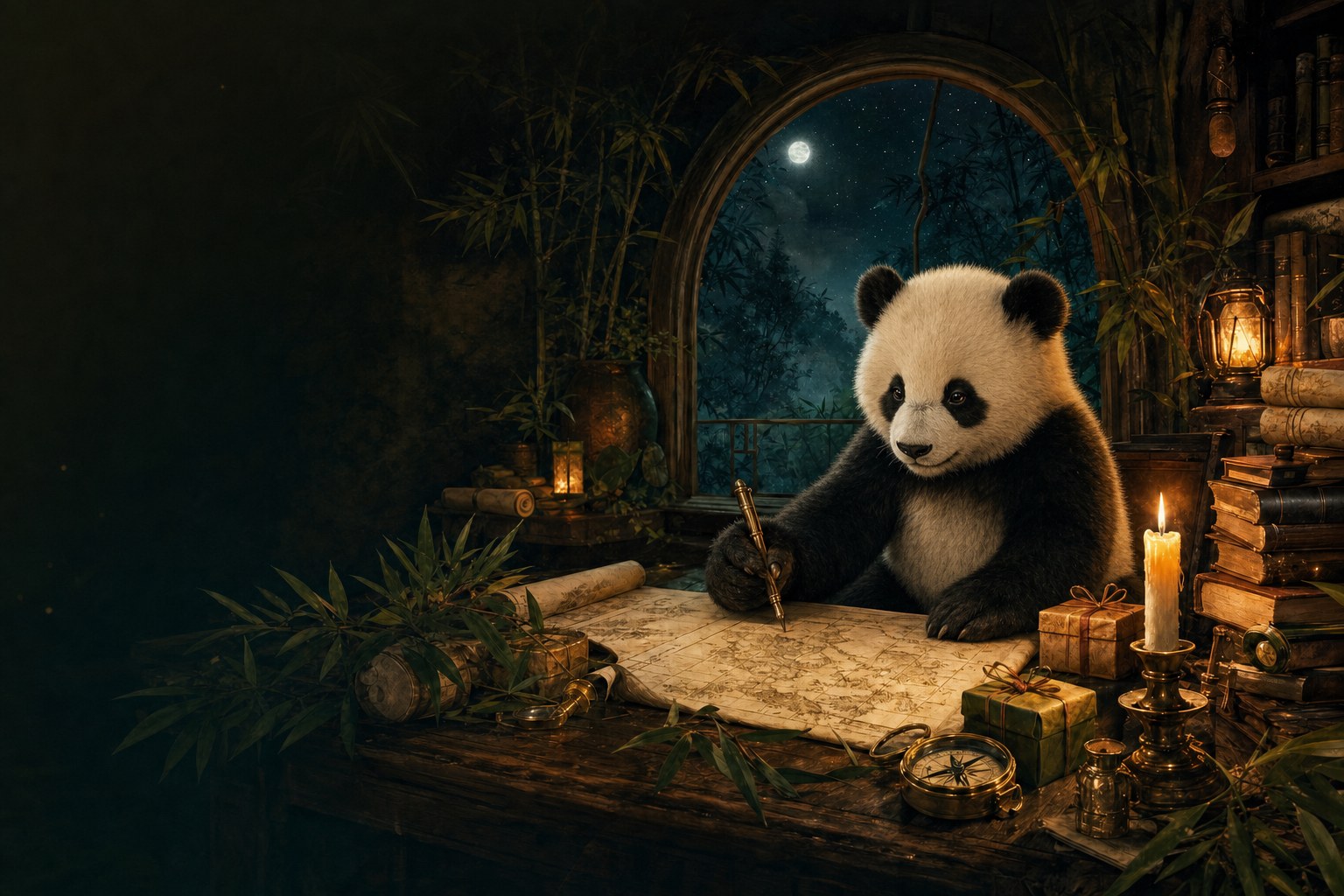 A panda writes at a candlelit desk surrounded by books, maps, gifts and a starry window