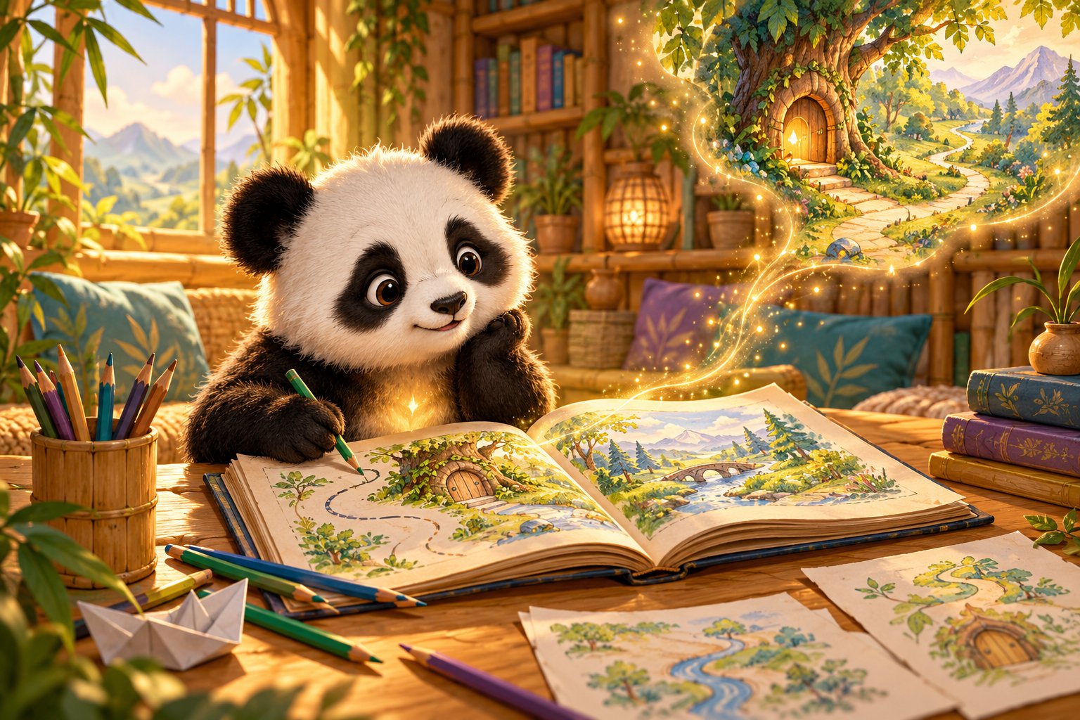 Ziggy the panda drawing in an open storybook at a sunlit bamboo desk, imagining a golden path to a little door in a tree.