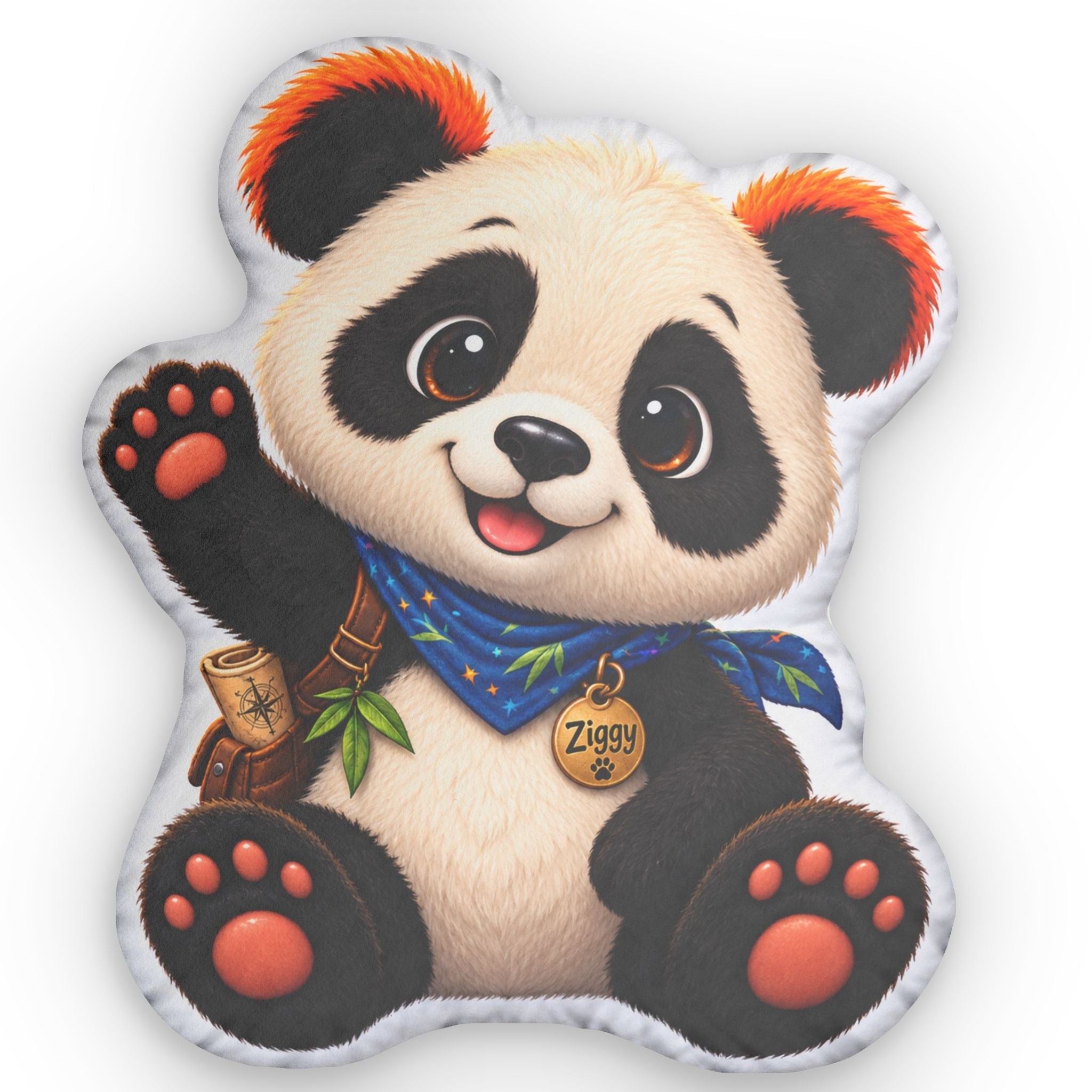 A Bamboo Corner panda-shaped pillow with storybook artwork