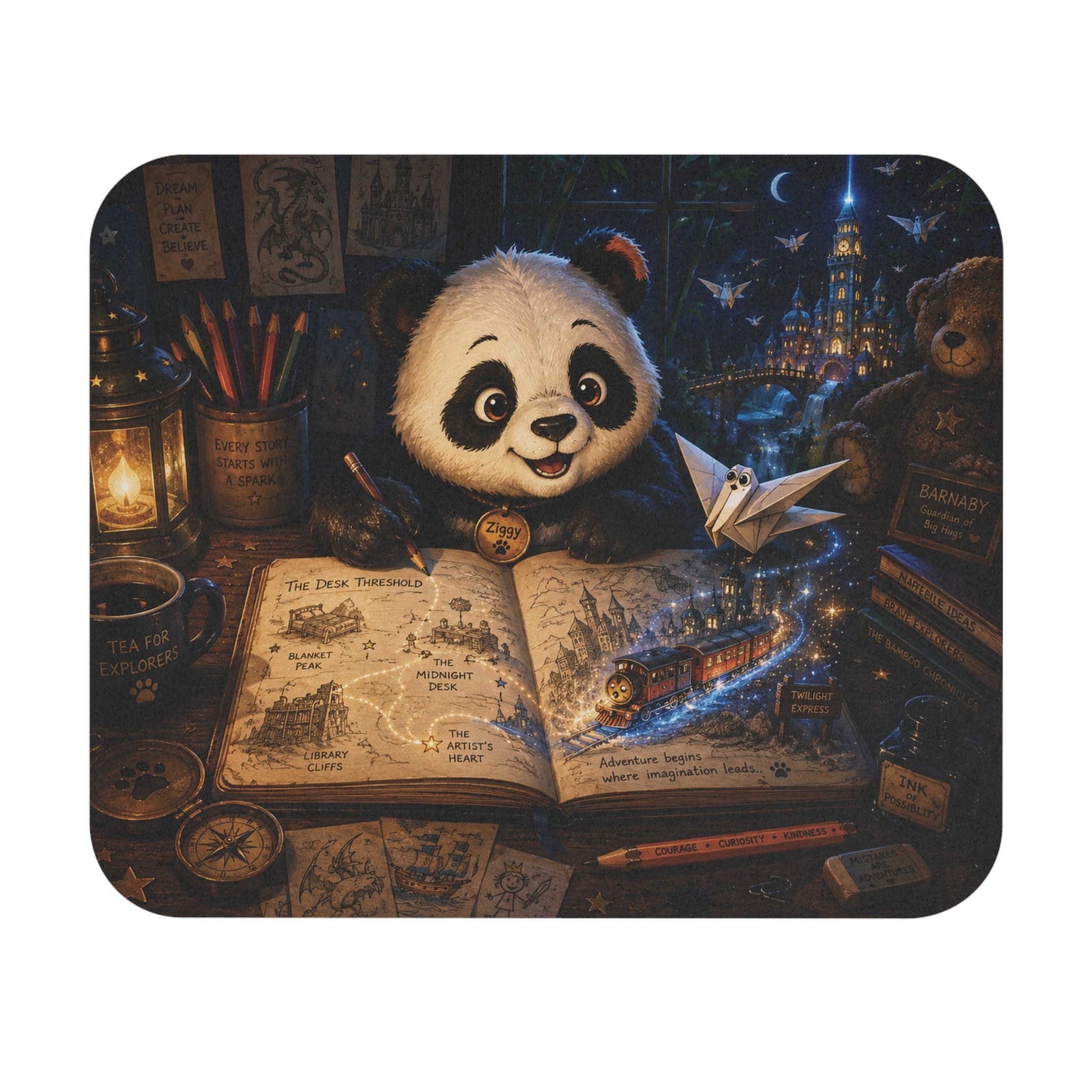 Cute Panda Reading Desk Mat with a panda, books, maps, and a candlelit miniature city