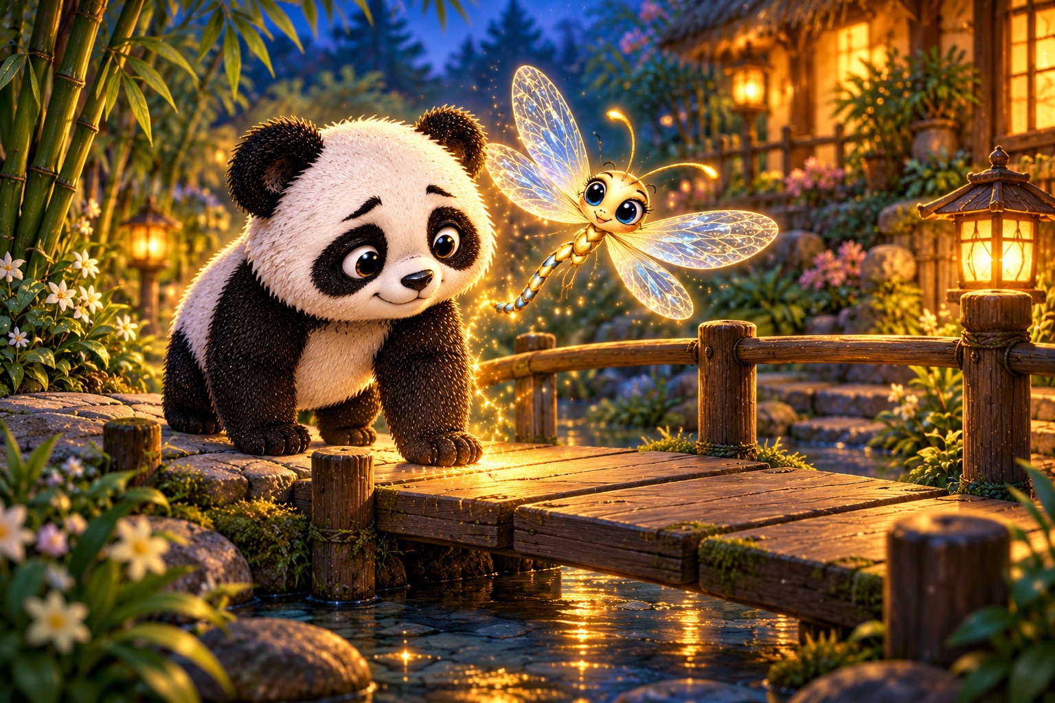 Aurum, a tiny golden muse with large blue eyes and four transparent wings, shines a warm light on Ziggy the panda’s first step onto a wooden garden bridge surrounded by bamboo, flowers, and lanterns at dusk.
