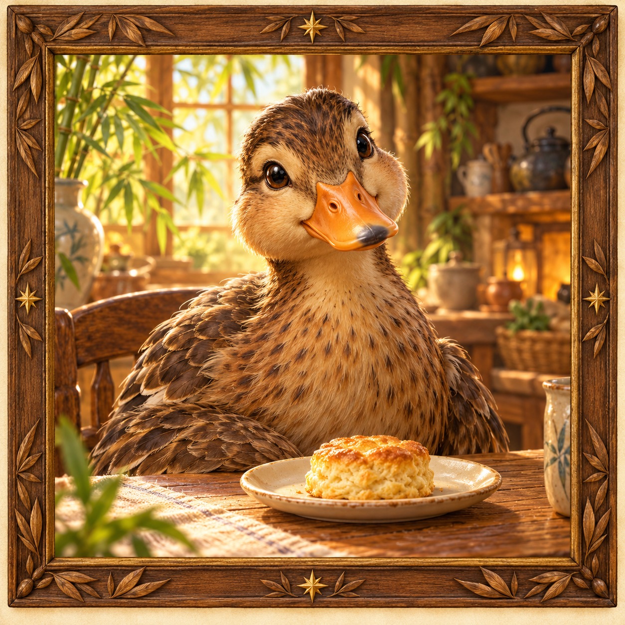 Bam the duck sitting at a table with a golden biscuit, inside a carved wooden frame decorated with leaves and stars
