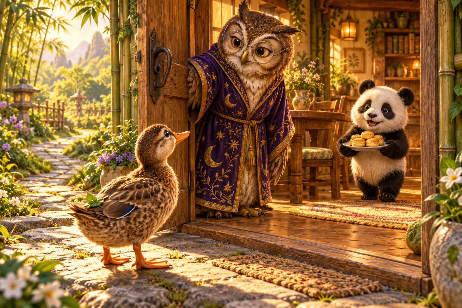 Bam the duck arrives on the garden path at Bamboo Corner’s open doorway, where Quill the owl welcomes him and Ziggy the panda holds a plate of golden biscuits.