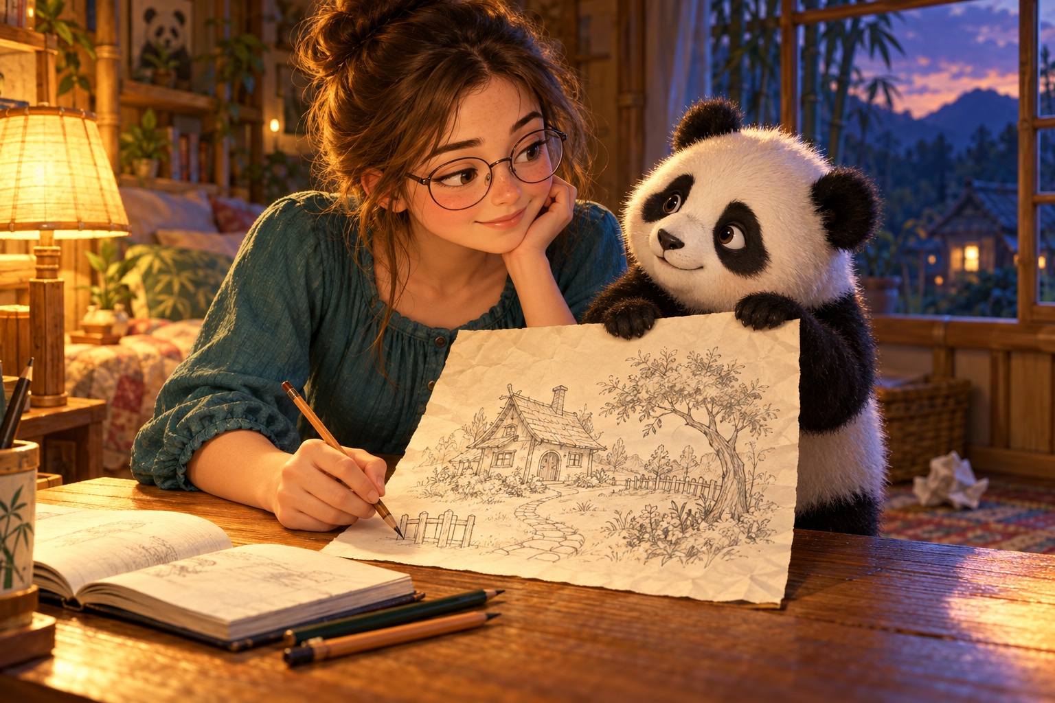 Jillian, wearing round glasses with her hair in a bun, sits beside Ziggy the panda as they hold a slightly crumpled drawing of a cottage and garden in a warmly lit room at dusk.