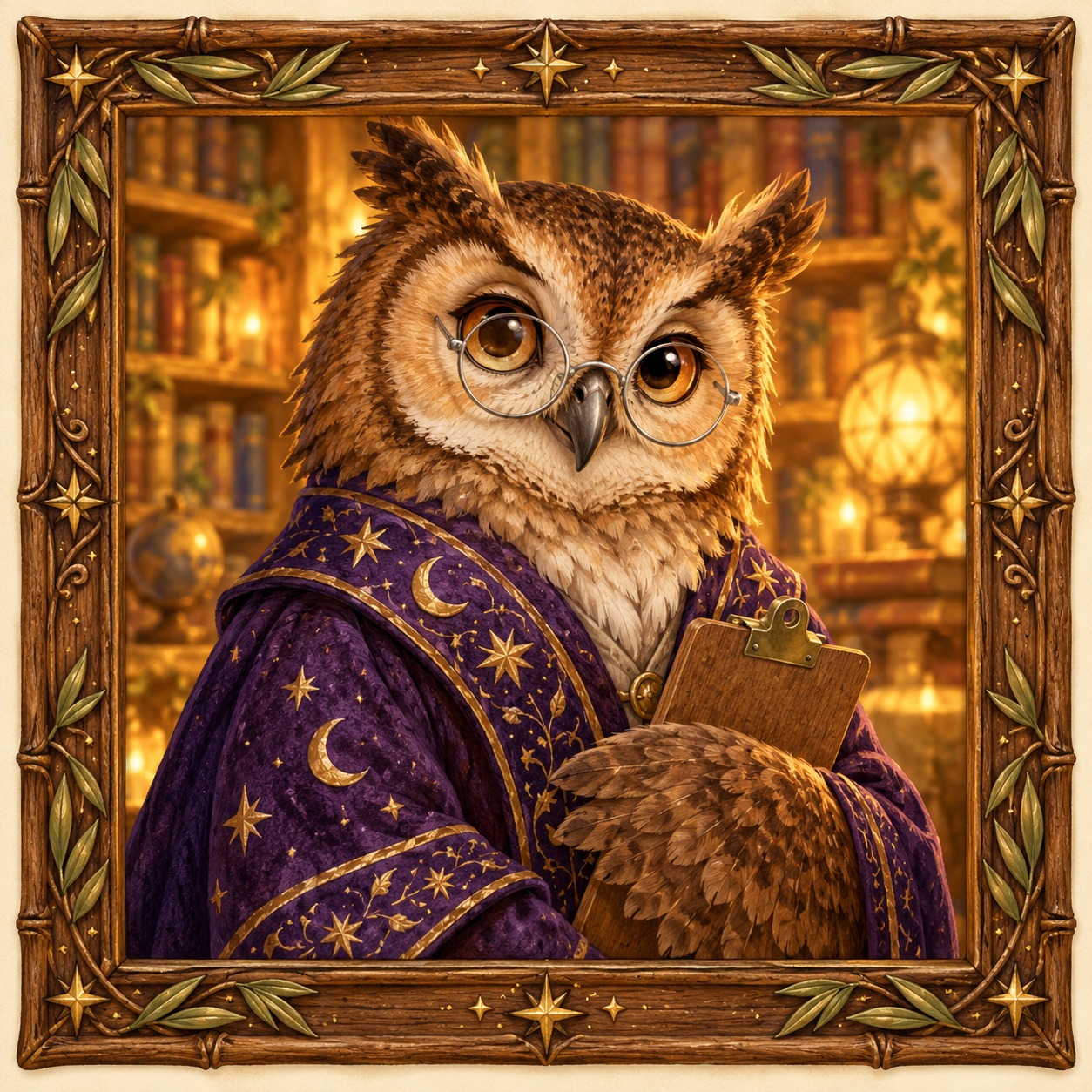 Quill the owl wearing round spectacles and a purple star-covered robe, holding his clipboard in a carved wooden frame with golden stars and leaves