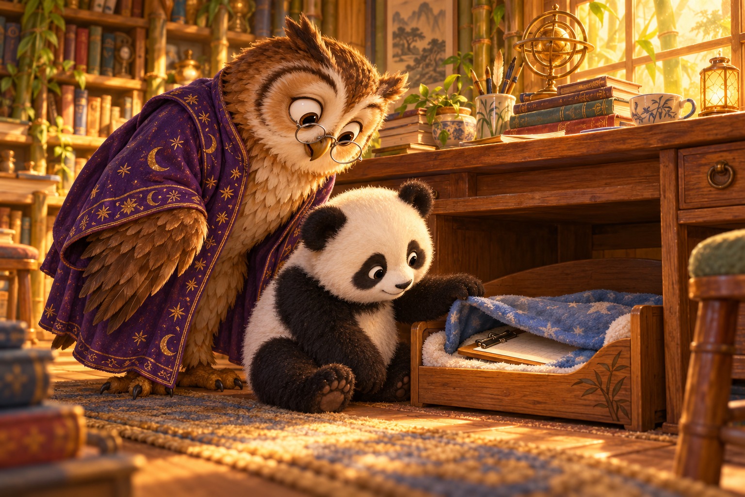 Quill the owl and Ziggy the panda discover the missing clipboard beneath a soft blue star-patterned blanket in a little wooden bed under Quill’s desk.