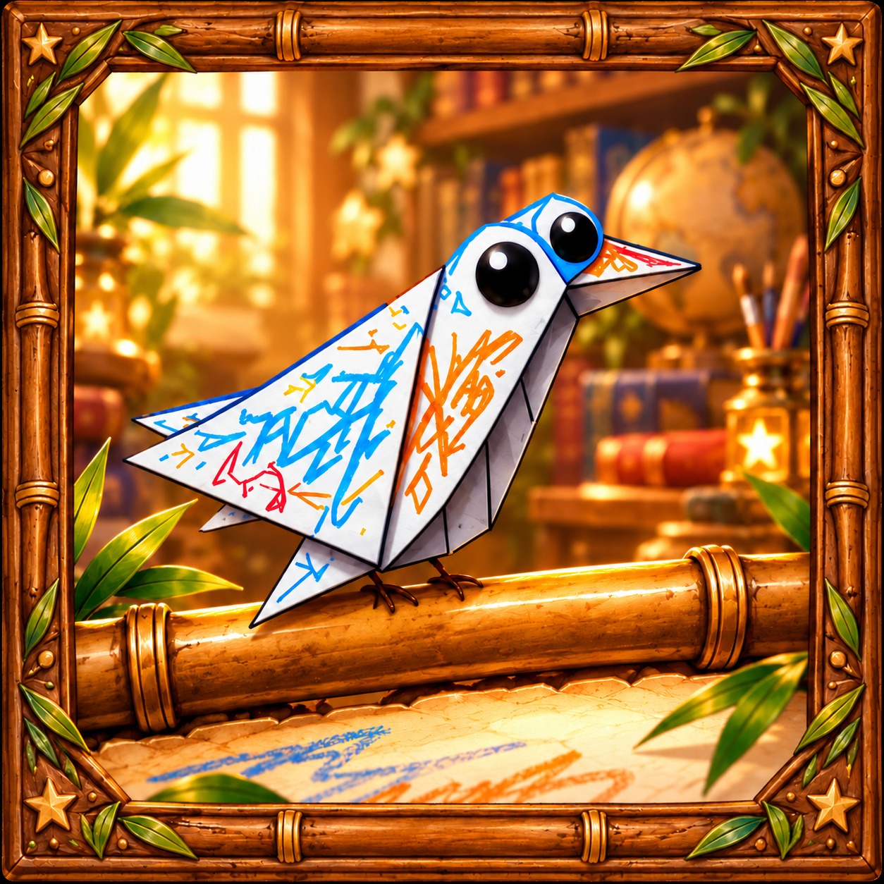 Scribble, an angular folded-paper airplane with big black eyes and blue and orange scribbles, inside a bamboo frame decorated with leaves and golden stars