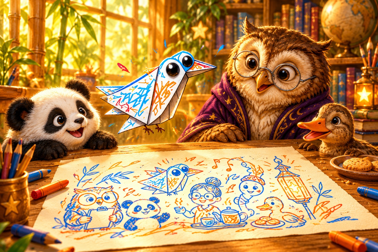 Scribble, an angular folded-paper airplane with big black eyes and blue and orange scribbles, hovers above a family drawing while Ziggy the panda, Quill the owl, and Bam the duck admire it around the table.