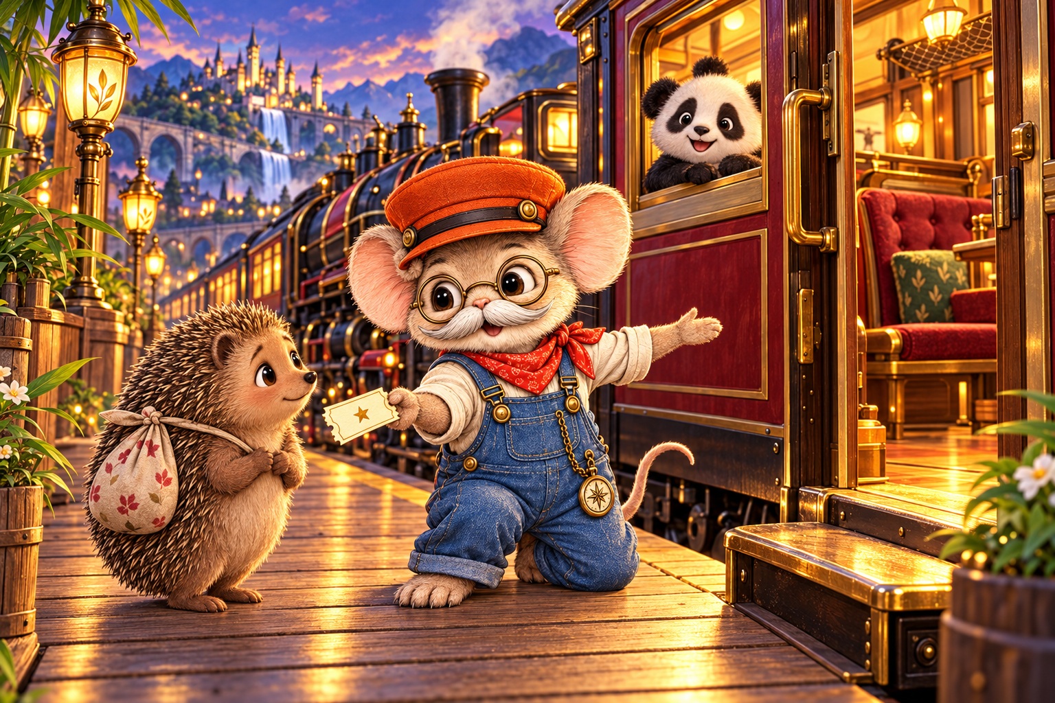 Conductor Snip, a mouse in a red cap and blue overalls, offers a ticket and welcomes a hedgehog carrying a bundle beside the Twilight Express, while Ziggy the panda watches from the warmly lit carriage window.